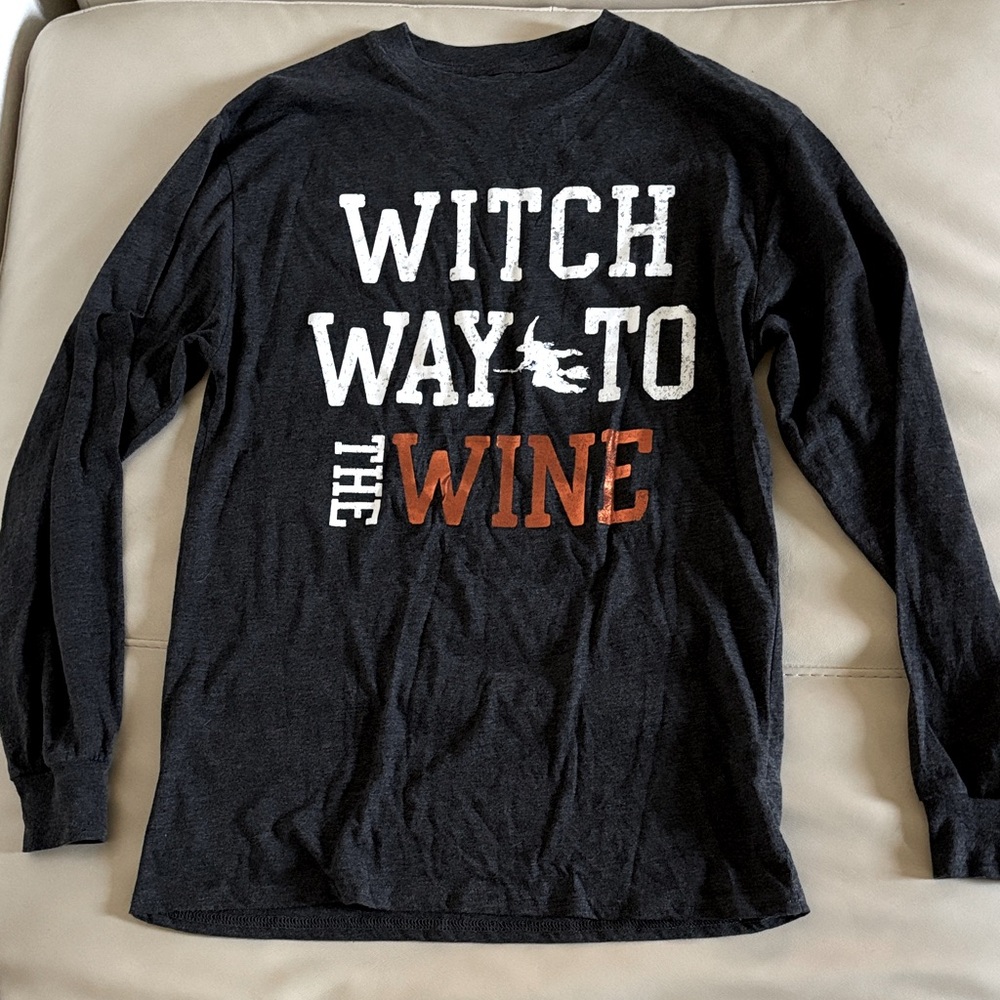 Modern Lux Witch Way To The Wine Halloween Graphic Long Sleeve Shirt